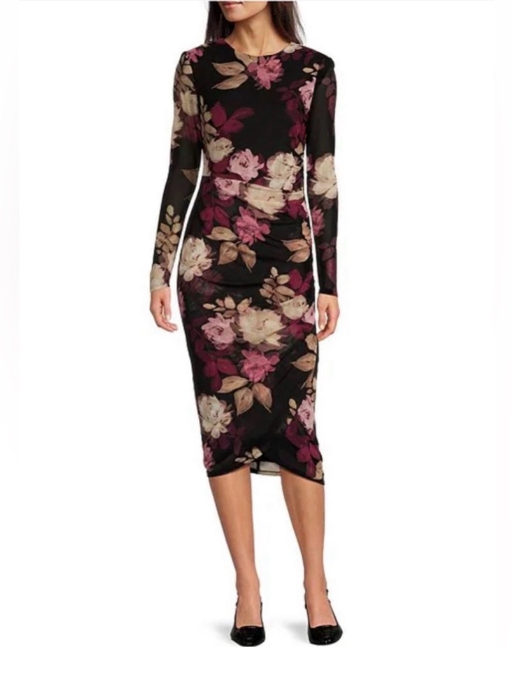 Taylor Floral Mesh Ruched Midi Dress 16W Black Pink Long Sleeve Plus - Picture 14 of 14